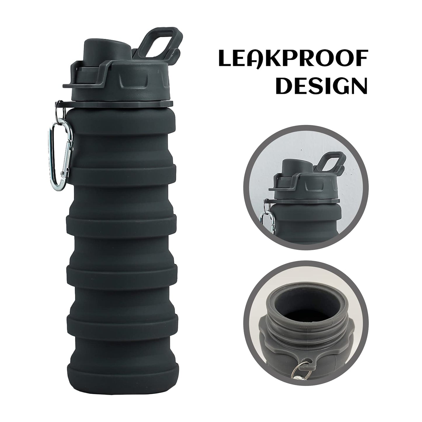 Collapsible Silicone Foldable Water Cup - 16oz BPA Free Reusable Water Bottle - Hiking Travel Sports Kids - Gray