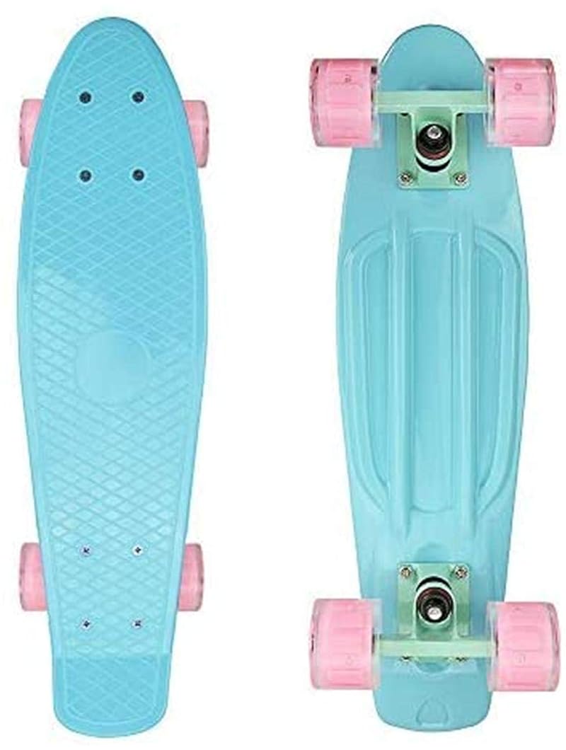 Light Blue 22in Mini Cruiser Skateboard for Kids Teens – LED Wheel Light Up Board with Carrying Bag