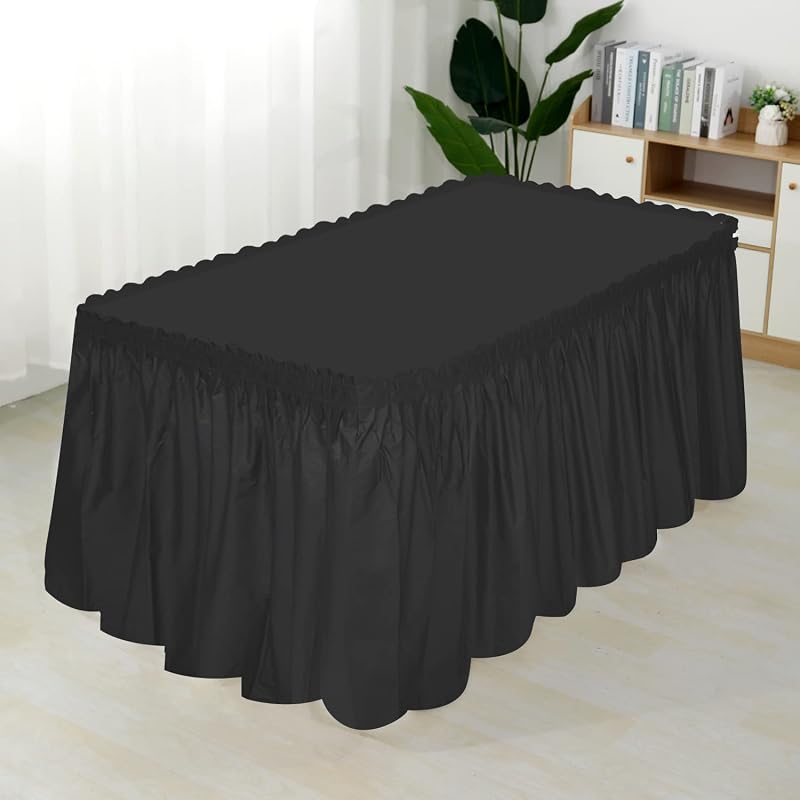 4 Pack Table Skirt 29 in x 14 ft Disposable/Reusable Table Cover – Black, Adhesive Edge Skirts for Rectangle or Round Tables