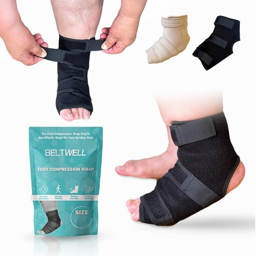 Beltwell® - Adjustable Foot & Ankle Compression Wraps For Edema, Lymphedema, Swelling, Neuropathy, Diabetic Foot Care, Circulation (2 Wraps) (Black, X-Large)