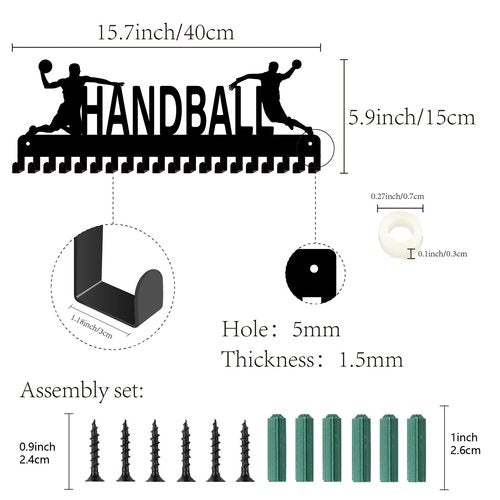 CREATCABIN Handball Medal Hanger Sports Medal Holder Display Award Lanyard Ribbons Organizer with Hooks Metal Black Rack Mounted for Wall Hanging 20+ Medals Sport Race Gifts Soccer Players Athletes
