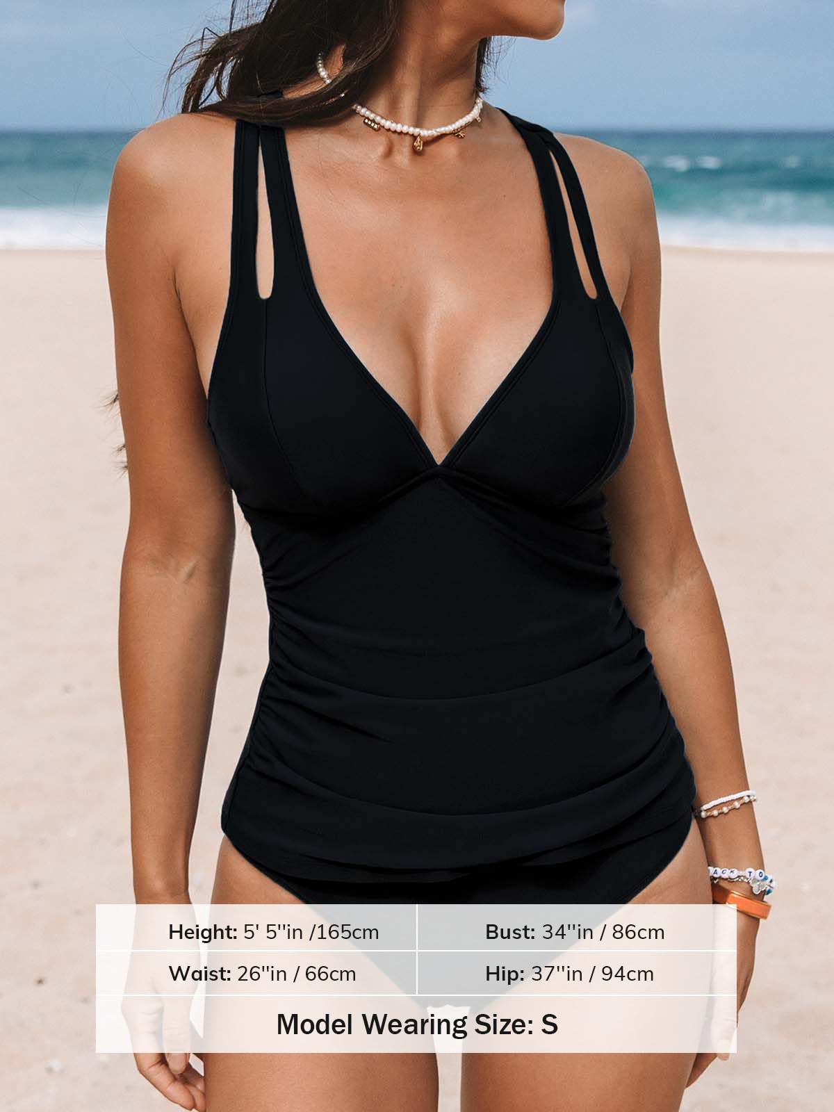 CUPSHE Women's Tankini Set Two Piece Swimsuit Mid Rise V Neck Crisscross Adjustable Straps Cutout Ruched, M Black