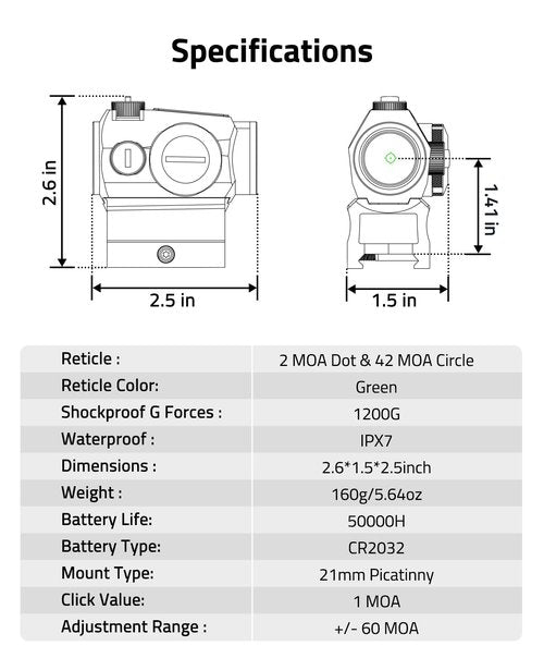 CVLIFE Multiple Reticle 2 MOA Green Dot & 42 MOA Circle, Motion Awake Green Dot Sight 50,000H Battery Life, 1x20mm Optics Scope Sight with Absolute Co-Witness Riser and Low Mount for 21mm Picatinny