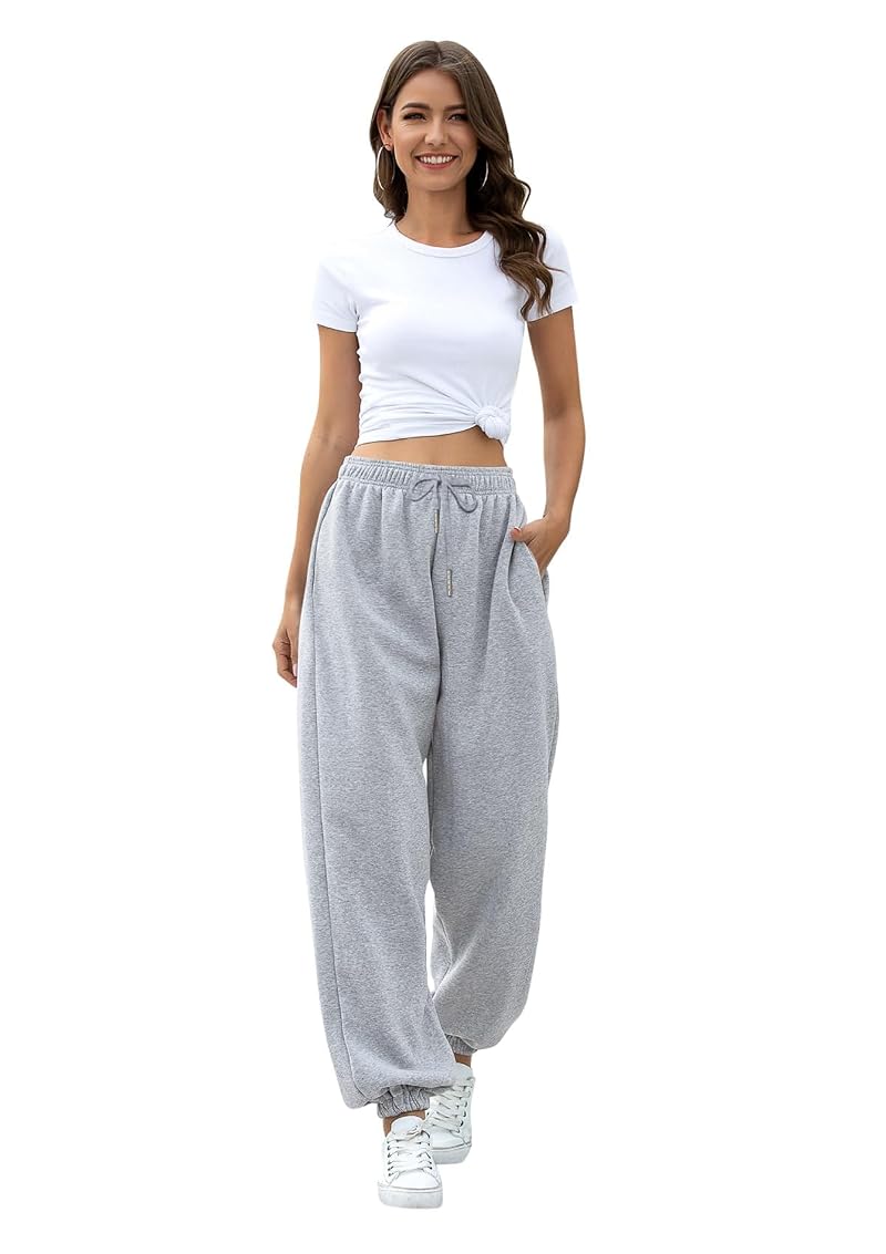 Cinch Bottom High Waist Loose Drawstring Lounge Pants for Women - Gray, Medium