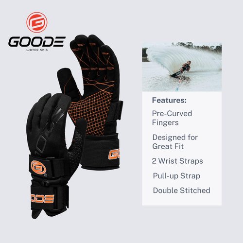 Goode 43 Pro Water Ski Gloves – Pre-Curved Finger Design, Double Stitched Amara Palm for Superior Grip and Durability, Dual Wrist Straps, Pull-Up Strap, Embroidered Logos, Performance Fit - Large