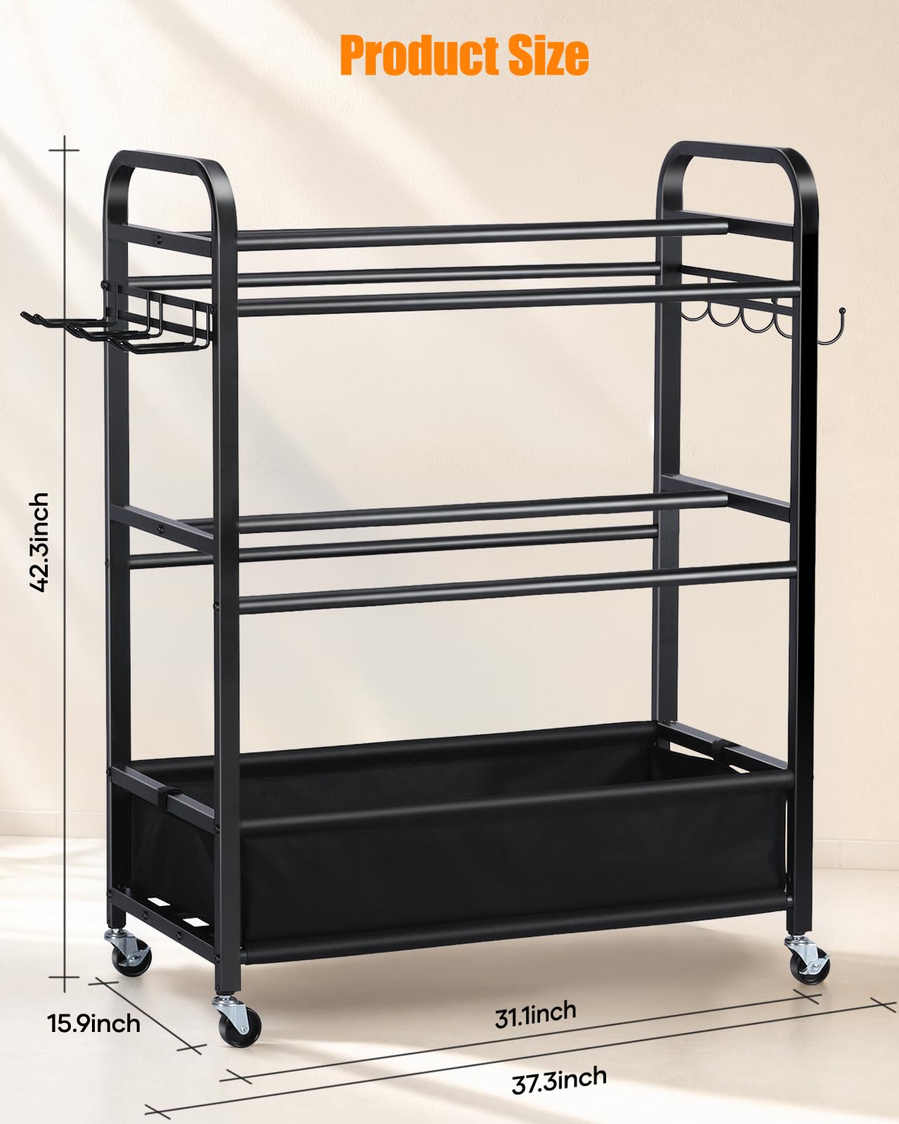 EXTCCT Ball Storage Sports Equipment Organizer - Garage Storage Cart Rolling Ball Storage Rack with Hooks Wheels Outdoor Indoor Gym Gear Toy Holder Bin for Basketball, Baseball, Soccer