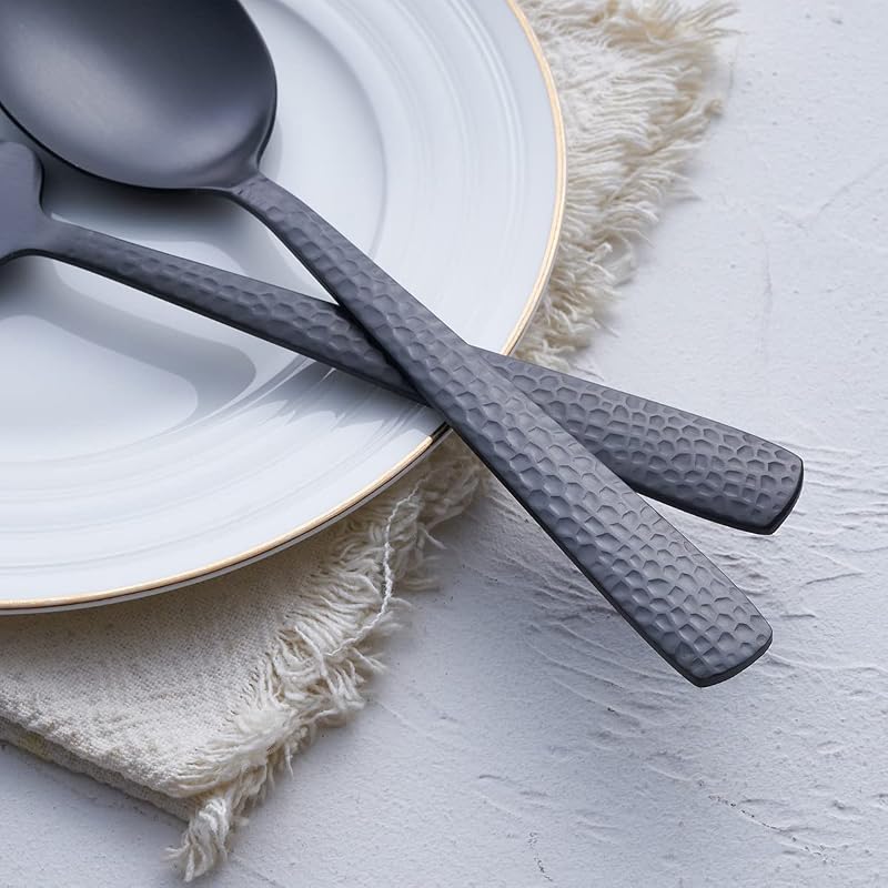 Matte Black 2 Spoons & 2 Slotted Spoons & 2 Forks Serving Utensil Set (FULLYWARE) - 9.5" Heavy-Duty 18/0 Stainless