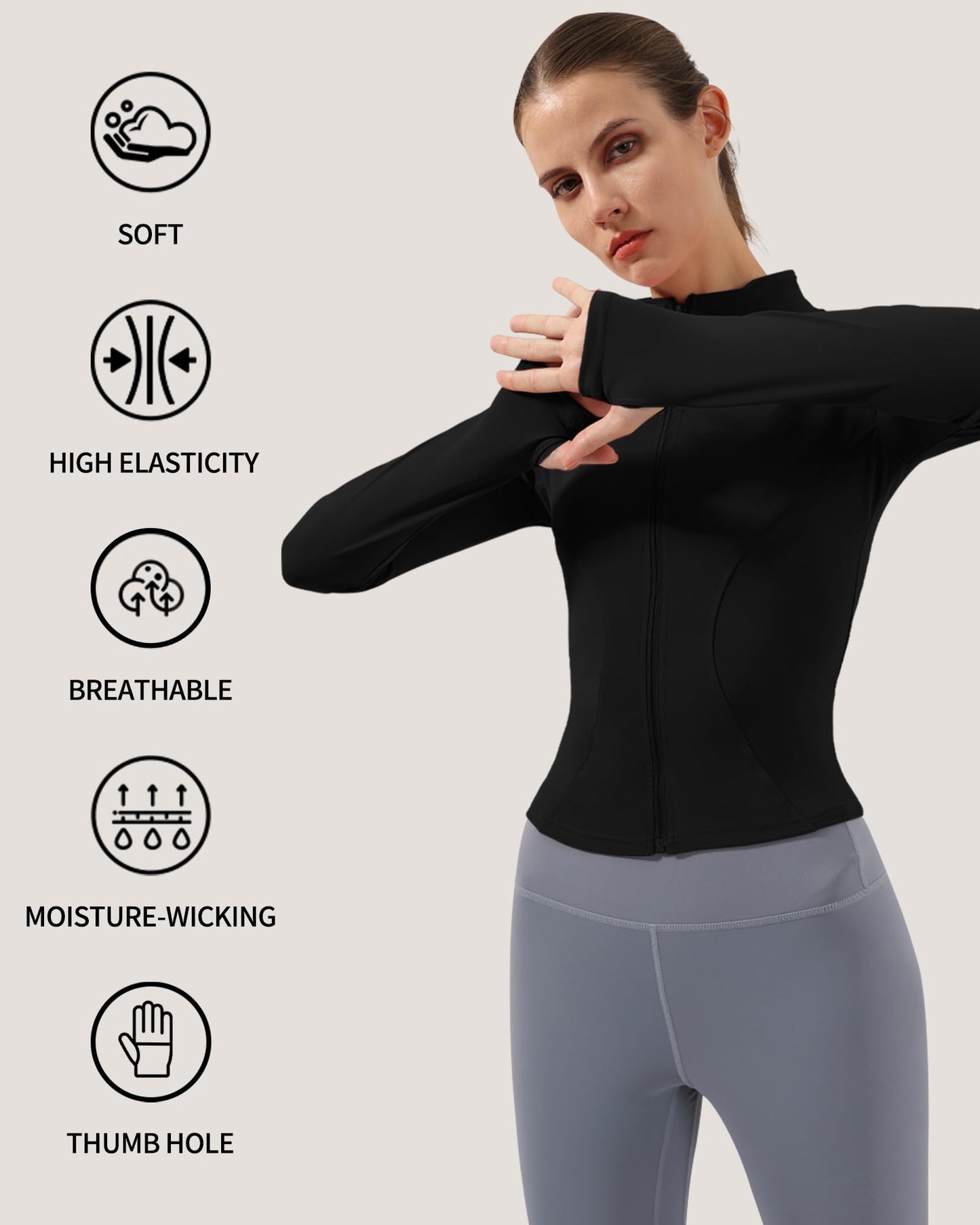 Locachy Women's Lightweight Stretchy Workout Full Zip Running Track Jacket with Thumb Holes Black S