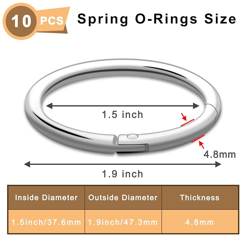 10 Pack 1-1/2 Inch Round Carabiner Clips with 1-1/2" Inner Diameter – Silver, Zinc Alloy Spring Hardware