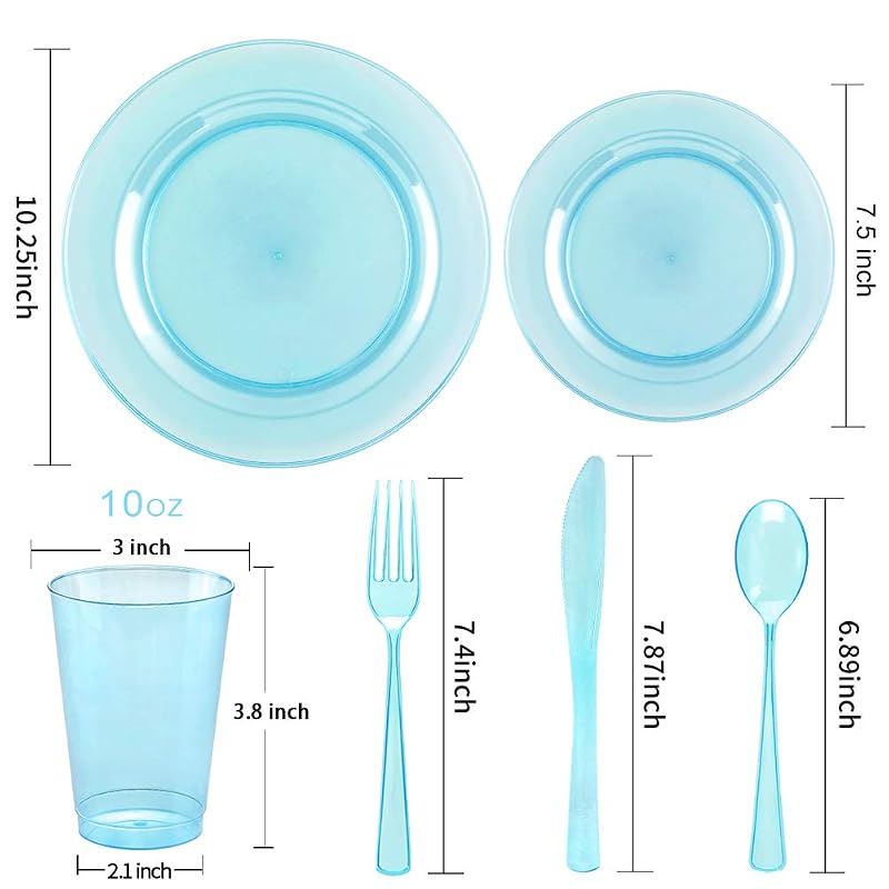 Blue Party Dinnerware Set 25 Plates, 25 Salad Plates, 25 Forks, Knives, Spoons & 150 Cups – Disposable Plastic
