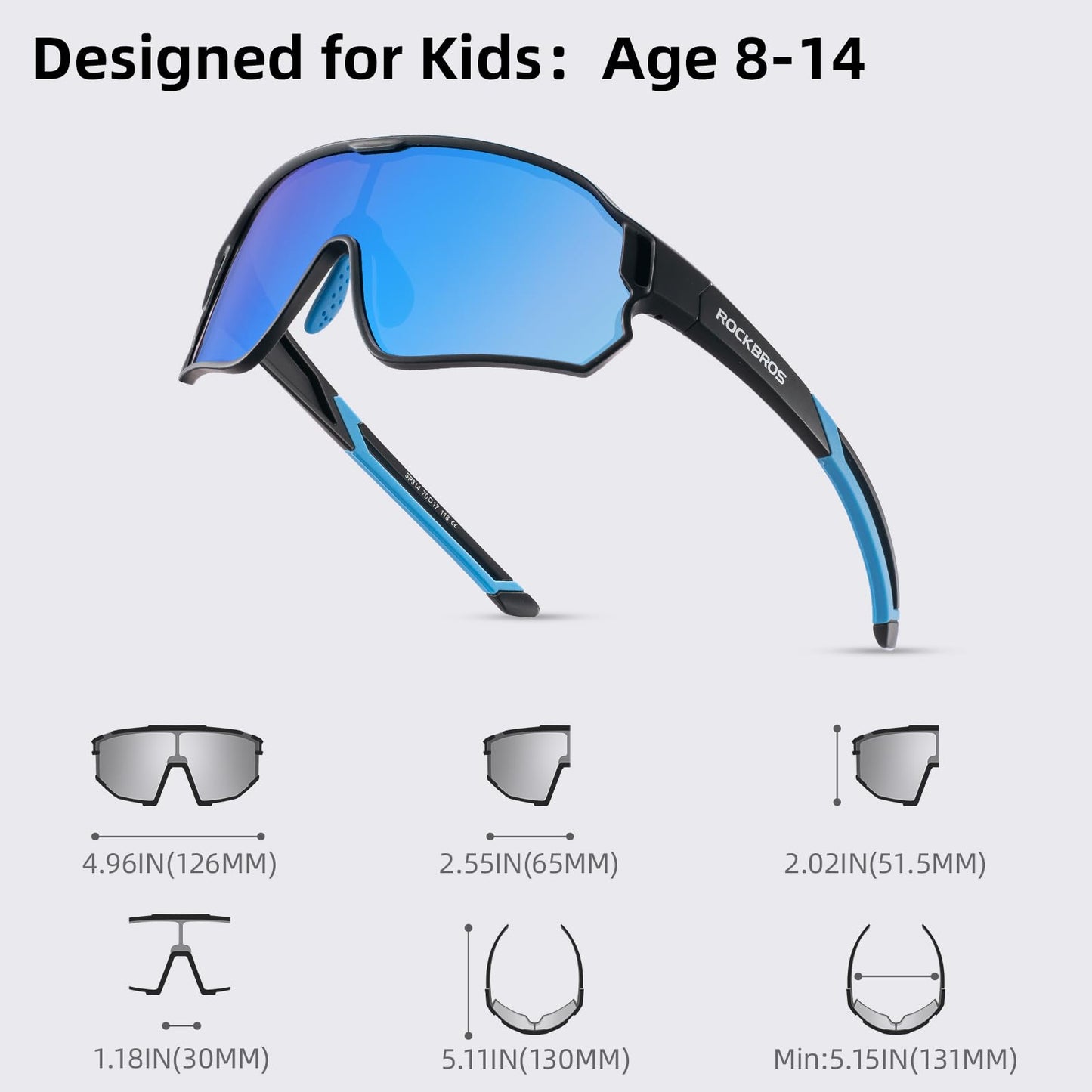 ROCKBROS Kids Polarized Sunglasses Cycling Glasses Sport Sunglasses UV400 Protection for Youth Boys Girls Age 8-14