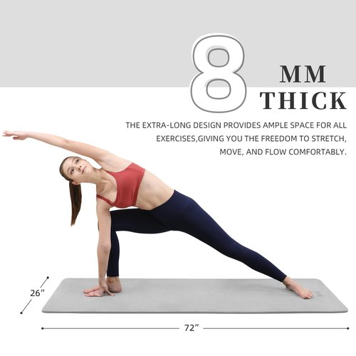 Extra Wide Yoga Mat 66cm & 8mm thick Exercise mat, Soft Lightweight POE Fitness Mat with strap, High Elasticity, Anti-fatigue for Women, Yoga, Camping, Travel, Gym & Outdoor | 72"x26" x0.31”(Gray)