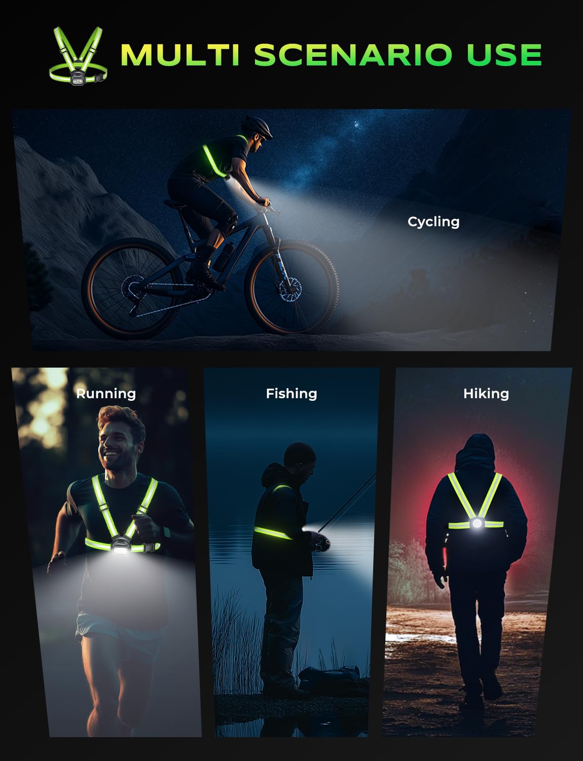 Viccux 500LM High-Visibility Running Lights for Runners, Adjustable 45° Beam & 360° Reflective Vest, IPX4 Waterproof Running Vest Light for Night Walking/Cycling/Jogging, 3.5-20Hrs Runtime