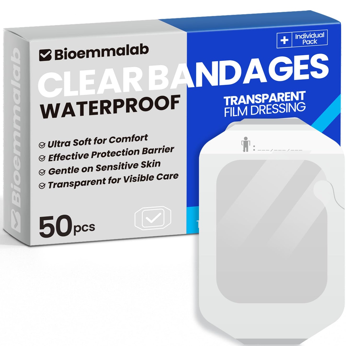 Large Waterproof Bandages Clear Dressings Tattoo Tape Sensitive Skin Wounds Care, Transparent Film Dressing Adhesive Occlusive Patch for Post Surgical Use, 4" x 4 3/4", 50 Packs