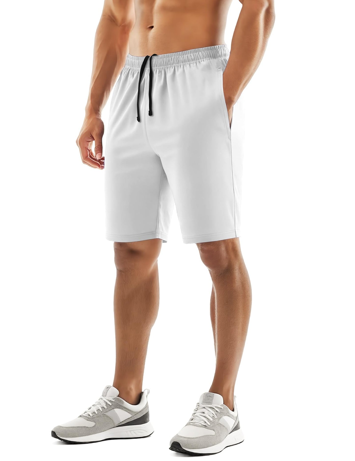 Naarts Men's Athletic Shorts 9'' Quick Dry Workout Running Shorts Lightweight Sports Gym Basketball Shorts with Pockets White,Medium
