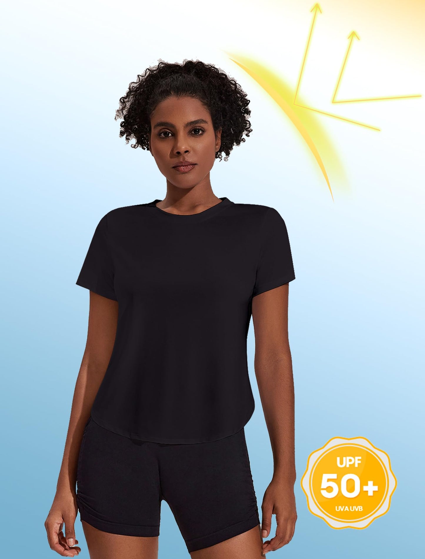 PINSPARK Womens UV Protection Workout T-Shirts Short Sleeve Loose Fit Yoga Top Moisture Wicking Sports Tee Shirts Black M