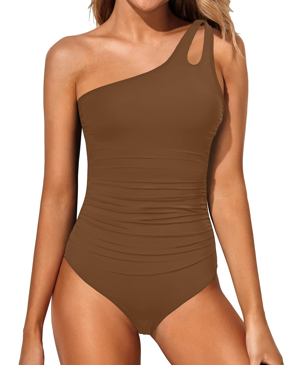 Holipick One Shoulder One Piece Swimsuit for Women Tummy Control Bathing Suits Modest Full Coverage Keyhole Swimwear Brown