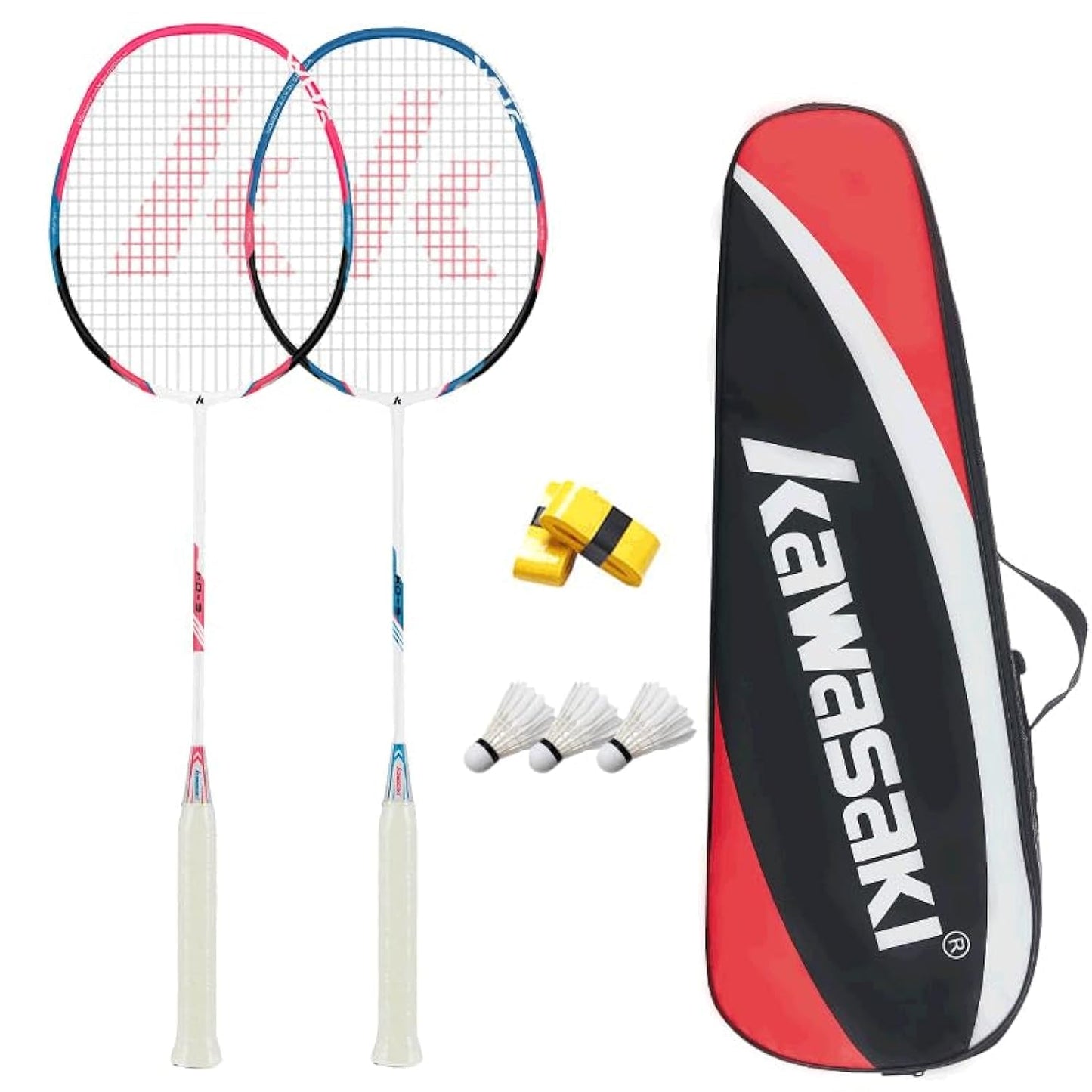 Kawasaki Badminton Rackets, Professional Graphite Shaft Badminton Set of 2 for Backyard, with 2 Lightweight Carbon Badminton Racquets/3 Badminton Shuttlecocks/2 Racquet Overgrips/1 Carry Bag