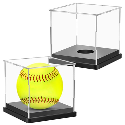 Hooqict 2 Pack Arcylic Softball Display Case Clear Softball Holder UV Protected Stand Championship Display Case Memorabilia Square Box for Golf Tennis Game Ball Baseball