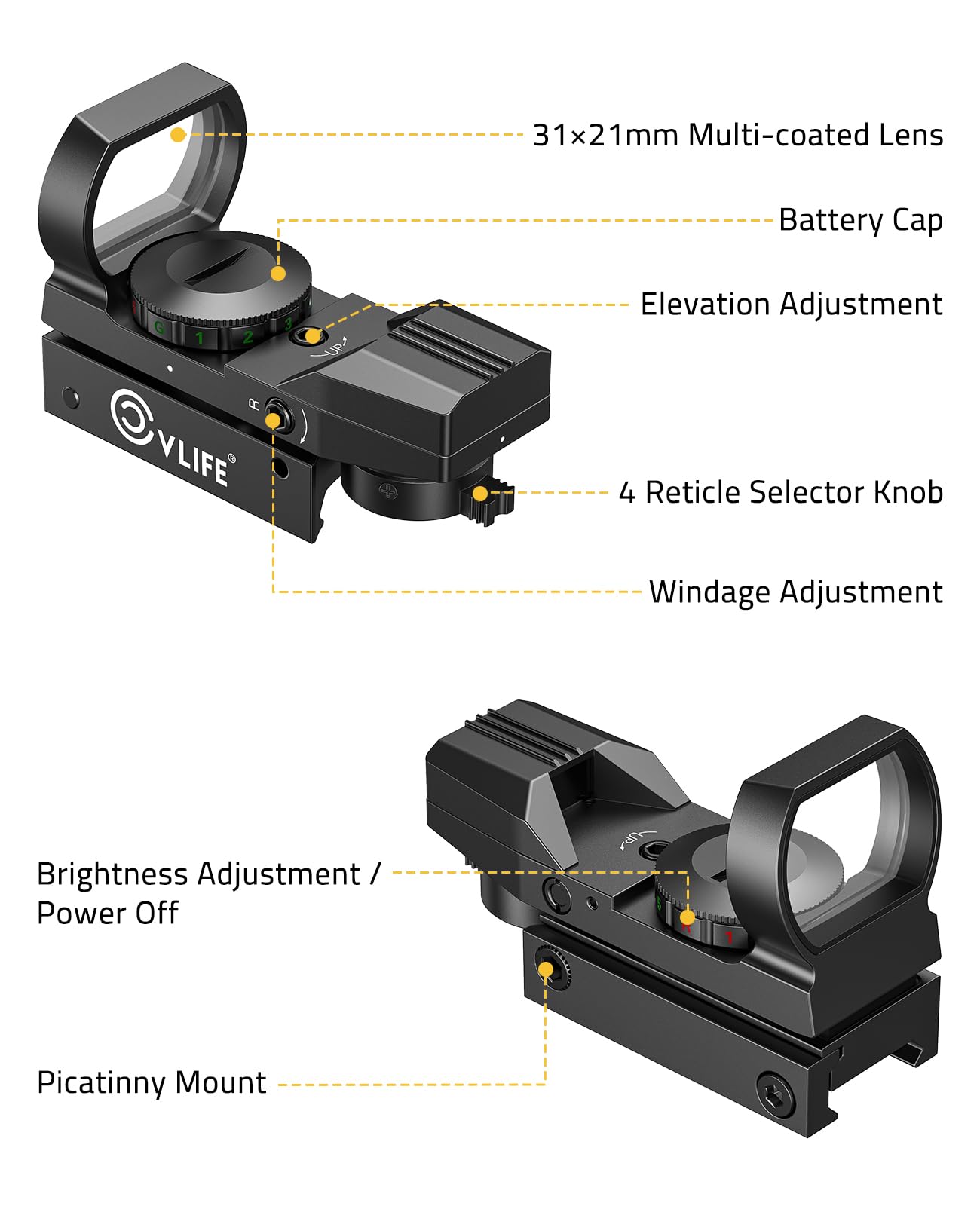 CVLIFE FoxSpook Motion Awake Multi Reticle Green & Red Dot Sight, Reflex Sight for Picatinny, Absolute Co-Witness Red Dot Optics Scope with 31×21mm Large Window