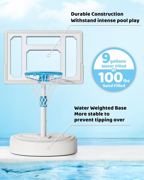 Swimming Pool Basketball Hoop, Stainless Steel Adjustable Poolside Basketball Goals System with 32 Inch Shatterproof Backboard, 2 Balls & Pump Included