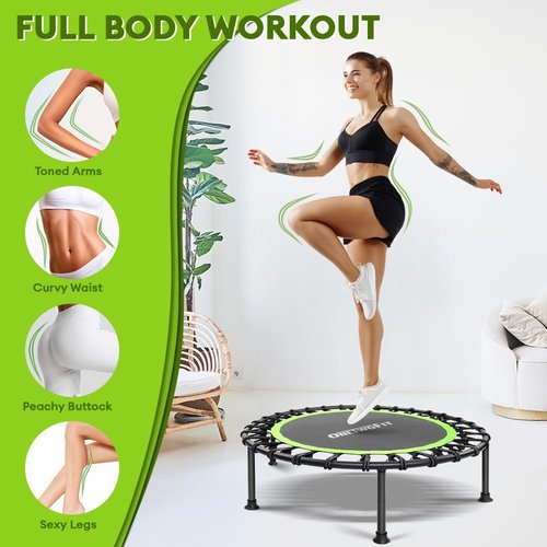 ONETWOFIT 42"/45" Rebounder Trampoline for Adults, Silent Mini Trampoline Indoor Exercise Fitness Trampoline Bungee Rebounder Workout Max Load 330lbs (42IN-Green)