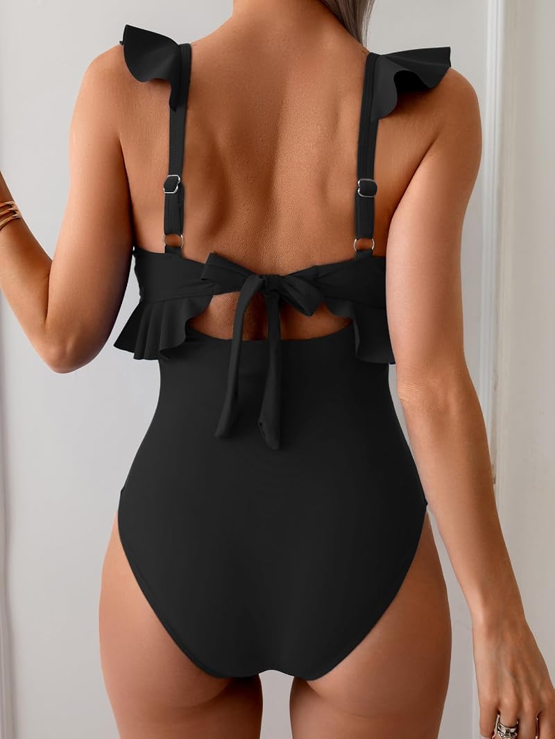 Eomenie One-Piece Swimsuit for Women with Tummy Control, Ruffle, Push-Up Cups - Black, Large