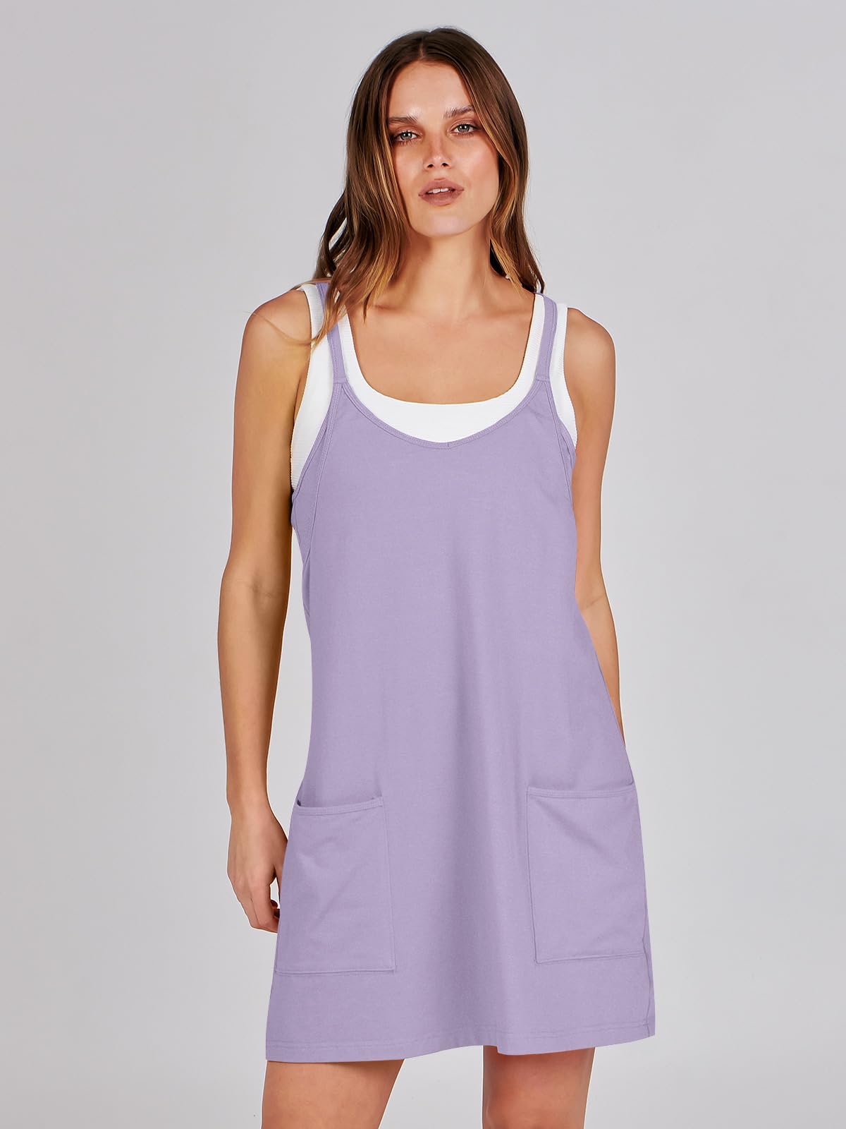 ANRABESS Women Athletic Dress Summer Tennis Workout Active Sports Mini Romper Dress Built in Shorts Travel Vacation Clothes Light Purple X-Smal