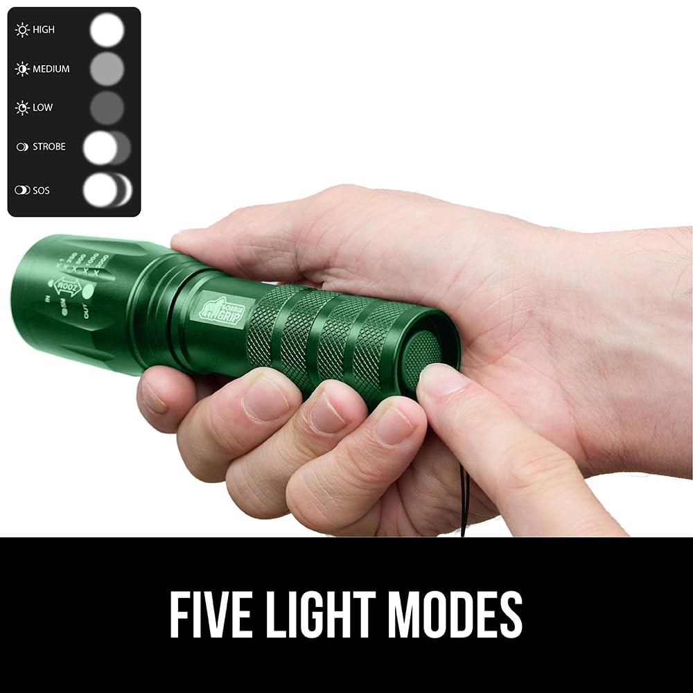 GORILLA GRIP Powerful LED Tactical Flashlight, 750 FT High Lumens 5 Adjustable Modes, Water Resistant, Ultra Bright Zoom Flashlights, Small Mini Flash Light, Camping, Night Dog Walking, 2 Pack Green