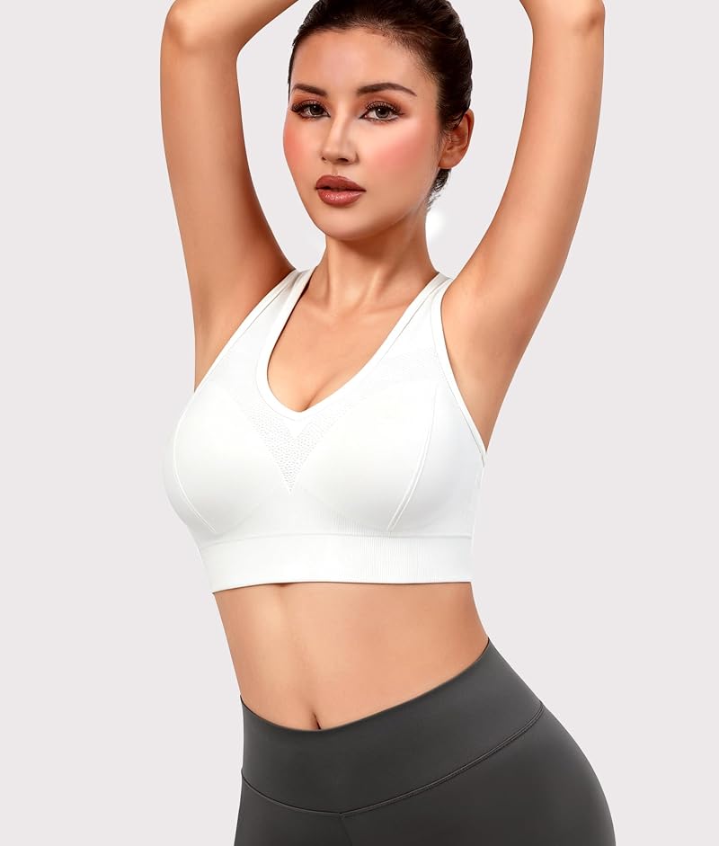 Double Couple High Impact Sports Bras for Women - 3 Pack (Black, White, Gray) Medium