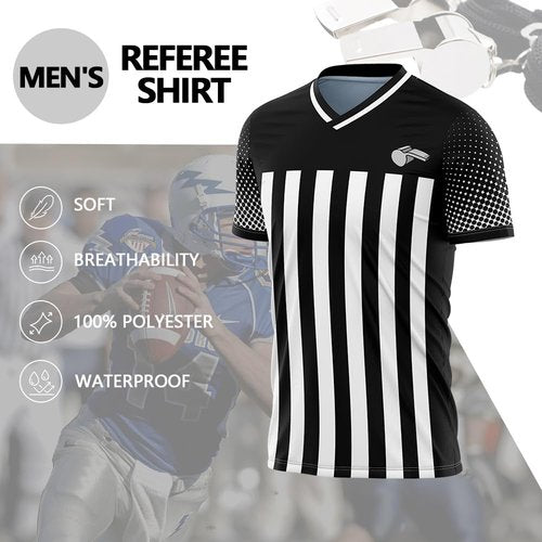 CUEJDSA Referee Shirt Jersey Uniform,V Neck Ref Costume Shirt for Men,Referee Jersey for Football(Black & White, Size L)