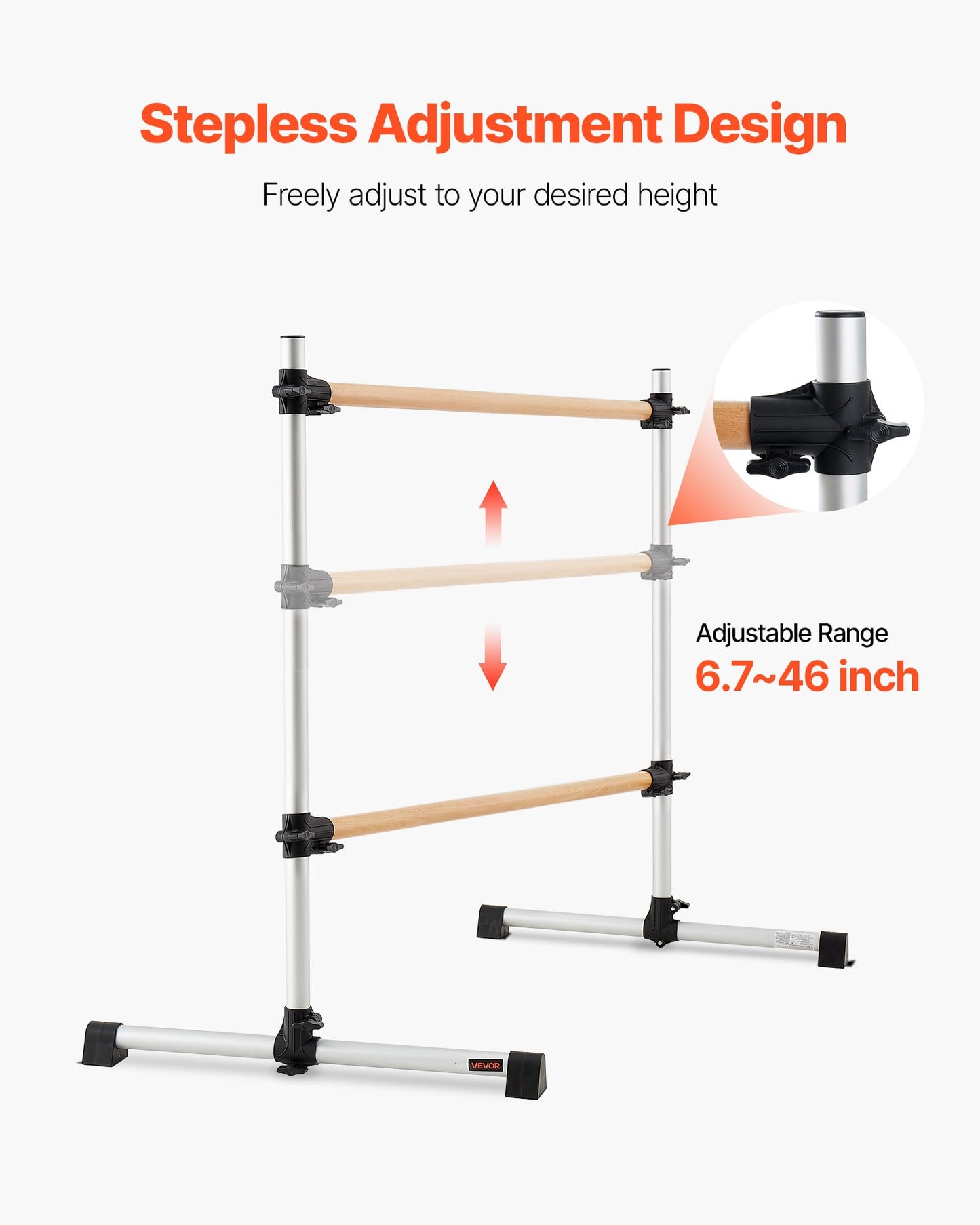 VEVOR Ballet Barre, 6 Ft Double Beechwood Barre Bar for Home, Freestanding Portable Ballet Stretching Dance Bars, Height Adjustable Anti-Wobble Fitness Gym Equipment, for Pilates Balance Workout