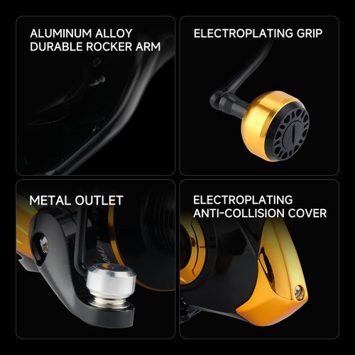 HAUT TON Spinning Reel,Freshwater and Saltwater Surf Fishing Reel 1000-7000 Series,5.2:1 Gear Ratio, 30LBs Max Drag, Gapless Rotation System Aluminum Metal Spool Fishing Reels (Gold, HT-TGG-5000)