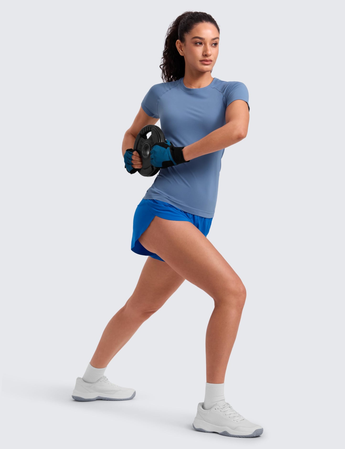 CRZ YOGA Seamless Workout Tops for Women Hip Length - Athletic Running Gym Yoga Short Sleeve Shirts Breathable Crewneck Tees Oasis Blue Small