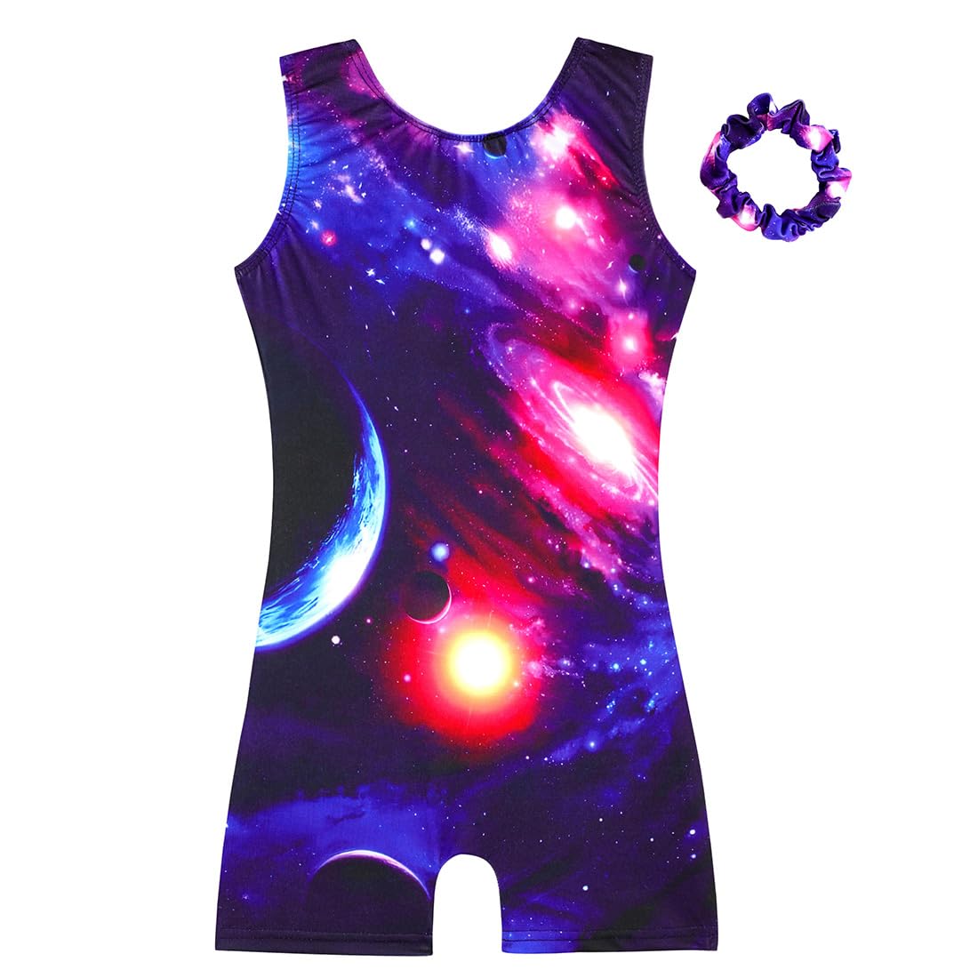 HOZIY Gymnastics Leotards for Girls 3t 4t Toddlers Kids Leo Tumbling Outfits Planet Cosmos Galaxy Purple Blue Scrunchies Biketards