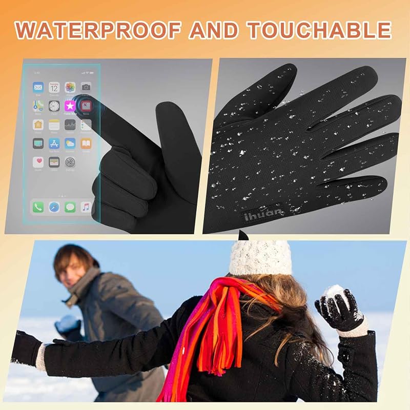 Winter Waterproof Touchscreen Gloves for Men Women - Warm Fleece Lining, Windproof, Black Large