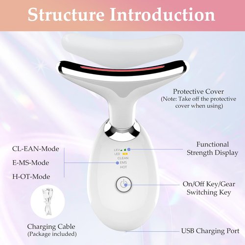 Facial and Neck Massager Tool, Lymphatic Contour Face Massager,7 Colors LED Womens Skin Care Facial Massager for Skin Rejuvenation, Lifting, Toning, Glow Boost