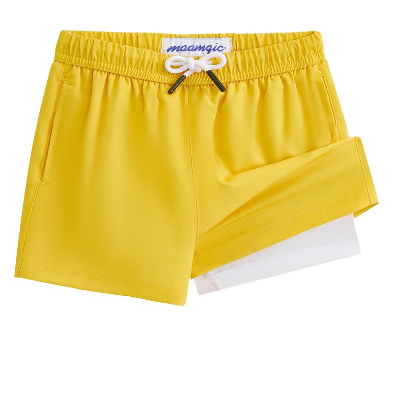 maamgic Boys Swim Trunks with Compression Liner Toddler Stretch Swim Shorts Quick Dry Swimming Trunks Boxer Brief 2 in 1 Beach Shorts Yellow 8