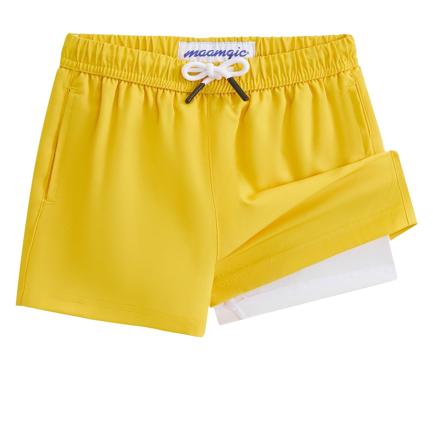 maamgic Boys Swim Trunks with Compression Liner Toddler Stretch Swim Shorts Quick Dry Swimming Trunks Boxer Brief 2 in 1 Beach Shorts Yellow 14/16