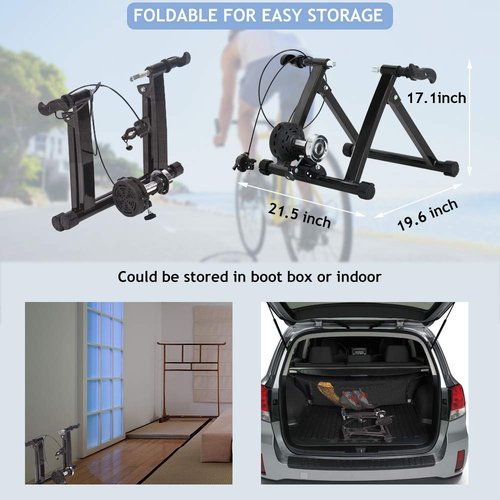 Bike Trainer Stand, Magnetic Bicycle Stationary Stand for Indoor Riding with Noise Reduction Wheel Portable Stainless Steel Cycling Exercise Trainer w/ 5 Levels Resistance for Road & Mountain Bikes
