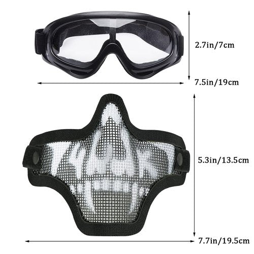 Aoutacc Airsoft Half Face Mask Steel Mesh and Goggles sSet, Tactical Masks Protection Gear for Paintball BBS CS Nerf Game Cosplay Halloween Costume Accessories (Black with Pattern)
