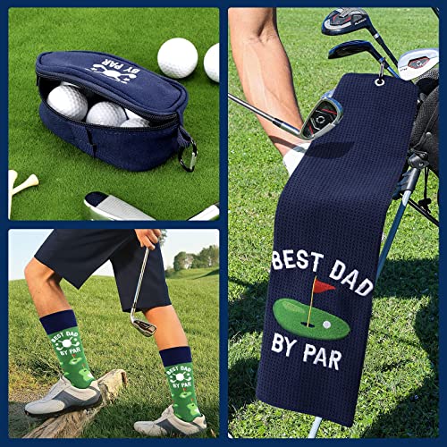 Father Golf Gift Set with Microfiber Waffle Towel, Ball Bag & Funny Socks - Navy Blue
