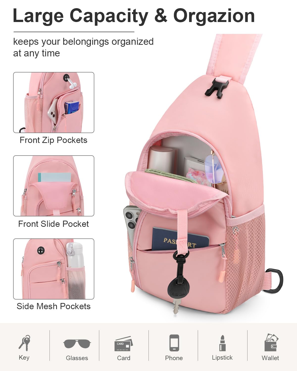 Pritent Crossbody Bags for Women Man Waterproof Sling Bag Backpack Trendy Casual Cross Body Bag with Convertible Shoulder Strap Chest Bag for Camping Hiking Travel Essentials (Pink, Large )