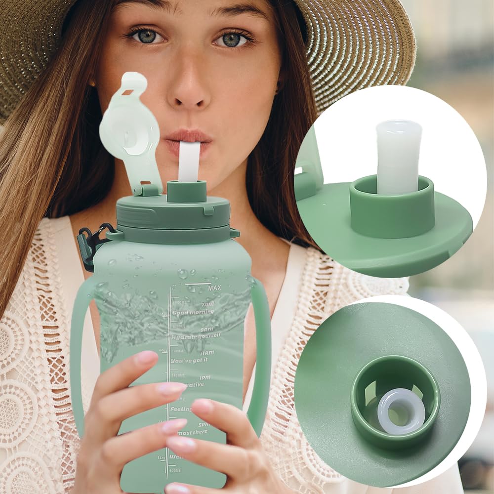 LELExilan 64oz Foldable Silicone Water Bottle with Straw, BPA-Free Motivational Time Marker, Leakproof Collapsible Water Jug with Handle for Gym, Sports, Camping & Outdoor Activities (Green)