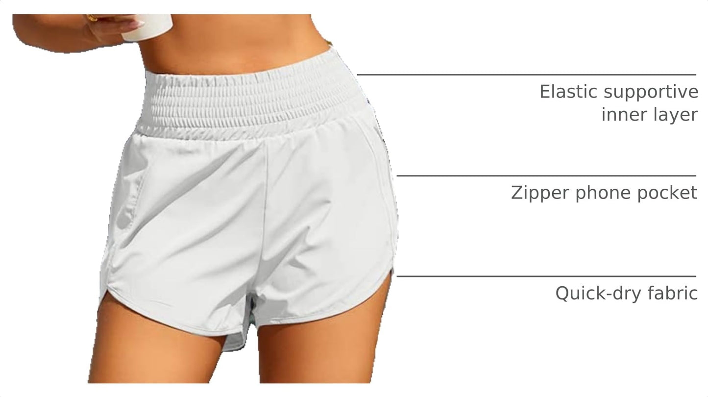 BMJL Women's Athletic Shorts High Waisted Running Short Pocket 2.5" Sporty Shorts Gym Elastic Workout Shorts(L,White)