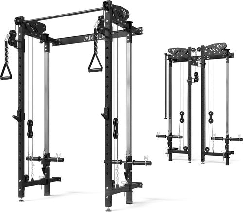 Mikolo Folding Squat Rack, Wall Mounted Power Rack with Cable Crossover Machine & LAT Pull Down, Functional Trainer with 5 Adjustable Function Modes, for Home Gym and Space Saving (Black)