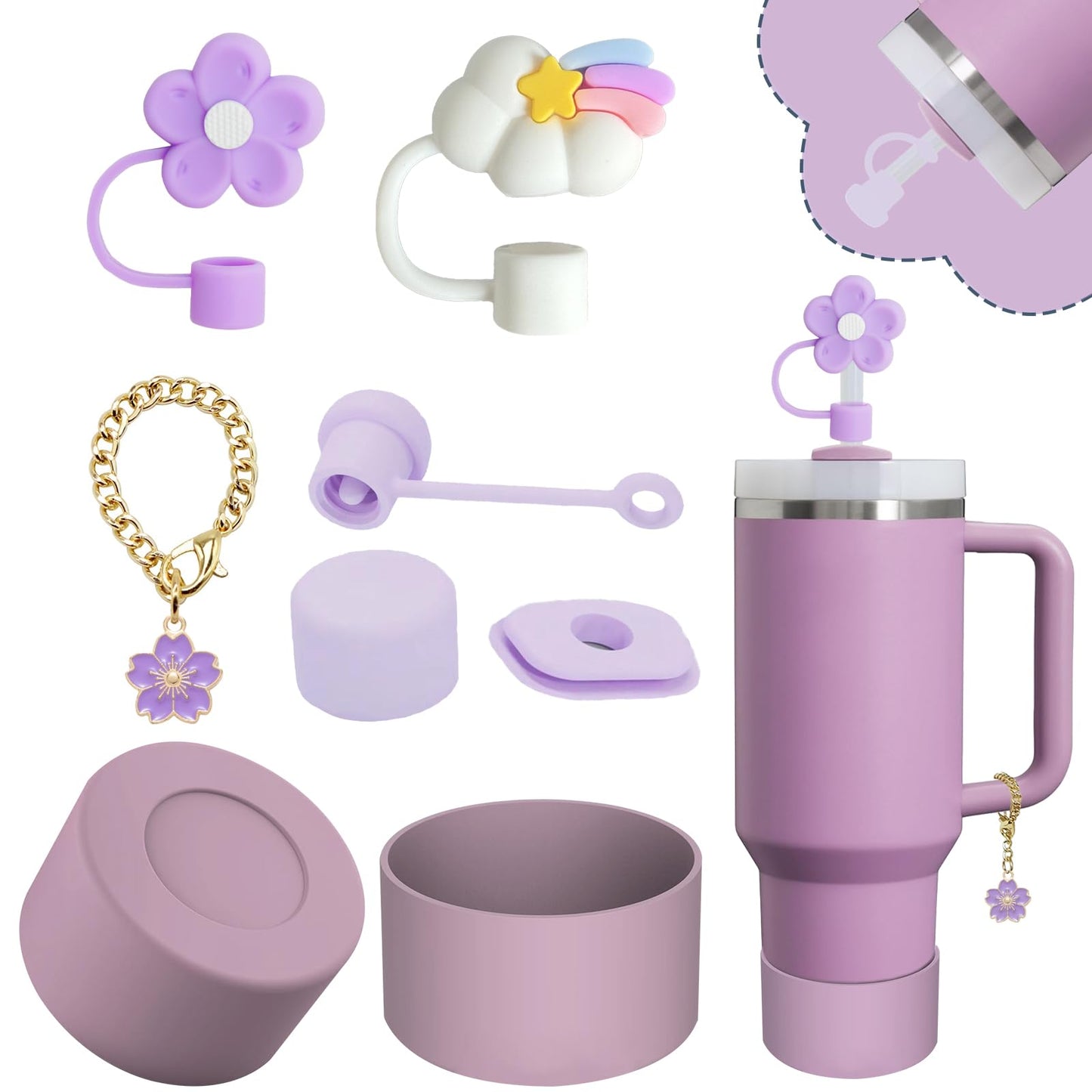 Stanley Cup Accessories Set,Including 2 Pcs 0.4in Straw Cover, 1 Silicone Spill-Proof Stopper Set of 3, 1 Cute Purple Flower Handle Charm, 1 Silicone Boot Fits Stanley 40&30 Oz Tumbler (Lilac)