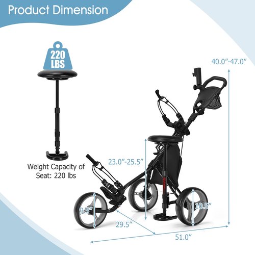 Tangkula Golf Push Pull Cart with Seat, Lightweight Foldable Collapsible 3 Wheels Push Cart, Golf Trolley with Foot Brake, Adjustable Umbrella Holder & Seat, 4 Height Position Handle