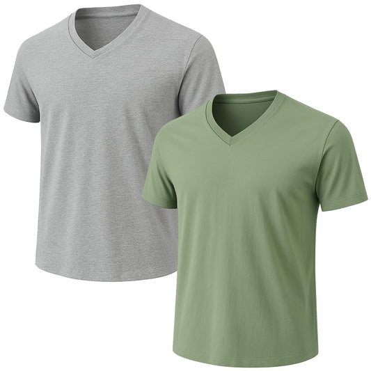 2-Pack Bulk Men’s V-Neck T-Shirts – Soft Pre-Shrunk Premium Cotton, Short Sleeves, Reinforced Collar, Crew Neck, Casual Fit