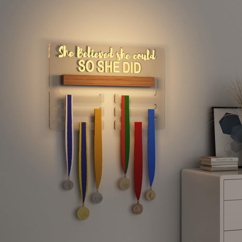Ammonite She Believed she Could SO SHE DID Light up Medal Hanger Display, Holder Rack for Awards or Ribbons, Sports Themed Ribbon Holder for Wall